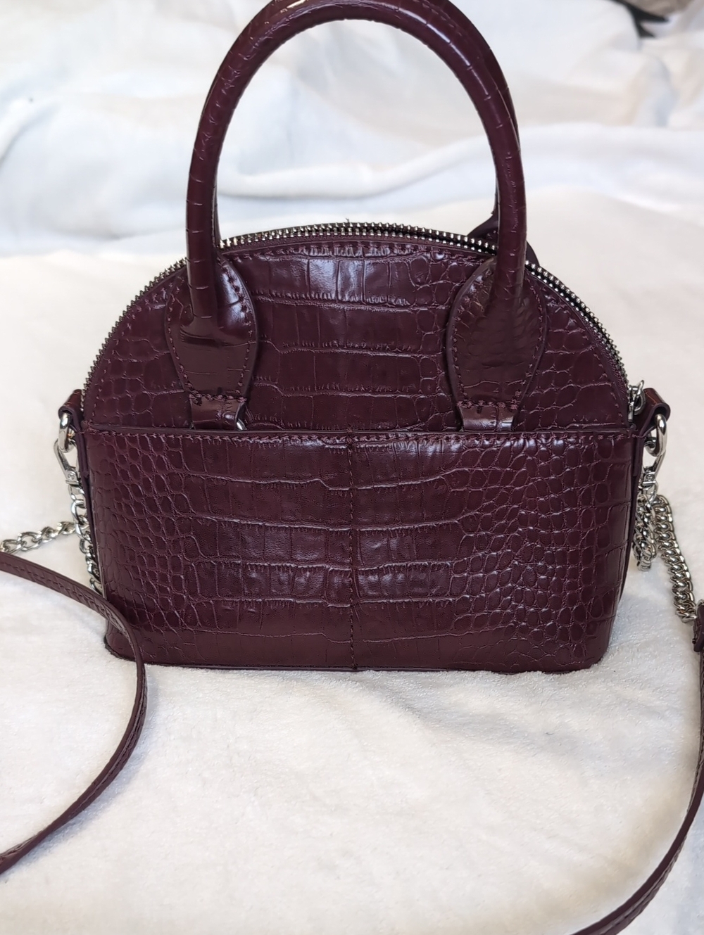 Zara, Croc-Embossed Satchel in Burgundy with Chain Strap